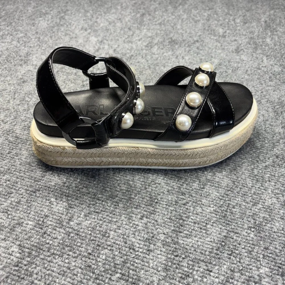 Karl Lagerfeld Womens Black Platform Espadrille Sandals Pearl Ankle Strap 7M